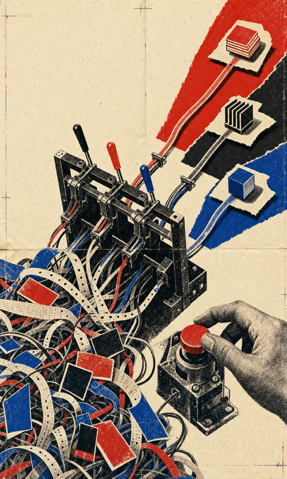 Screenprint collage of tangled operational paths being routed through a mechanical switching frame while a human hand controls the final stop